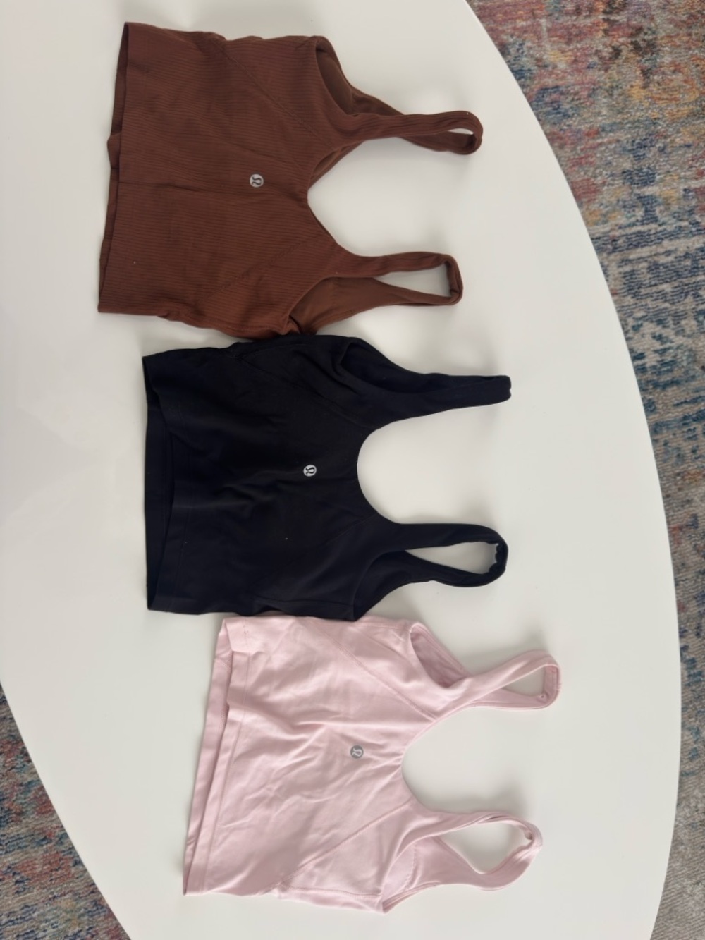Lululemon Align Tank tops - Trio (3) Ribbed Brown, Smooth Black & Light Pink.